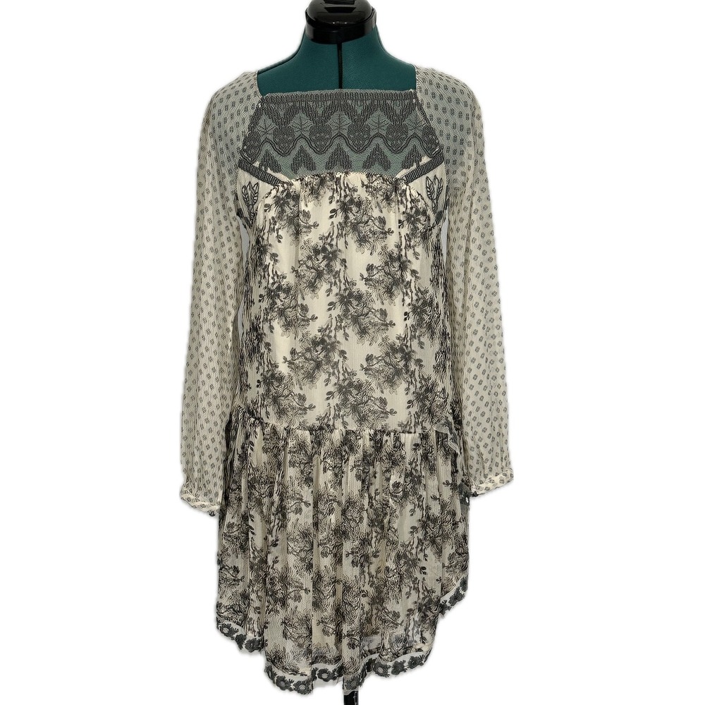 Free People Mini Dress Floral Embroidered Lace Sequin M Cream Gray Boho Romantic